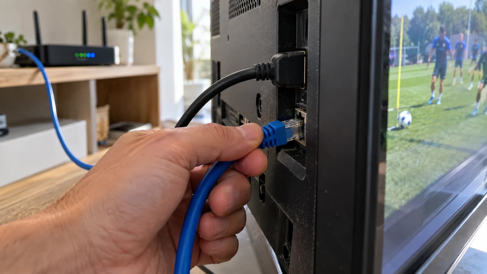 Hand connecting a blue RJ45 Ethernet cable to a television with a home router nearby