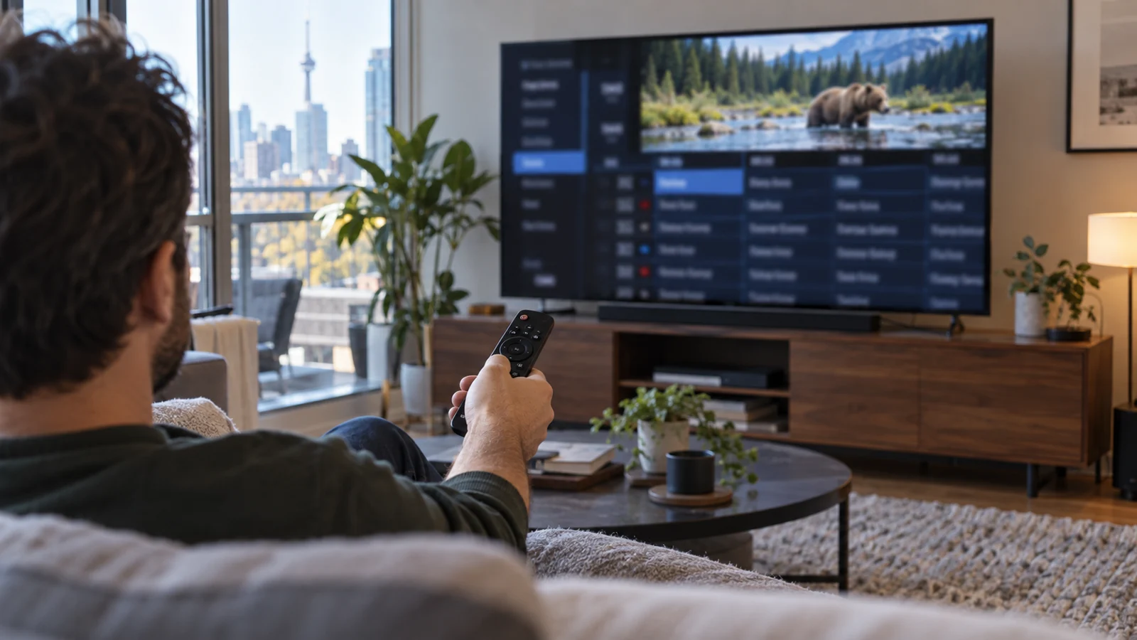 Viewer using a pointer-style remote with an IPTV programme guide on a thin television