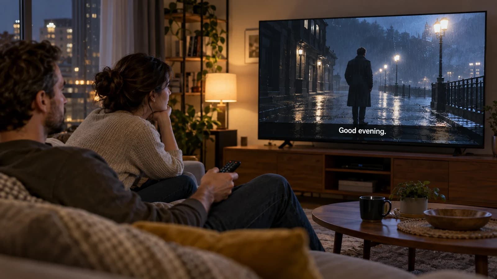 Two viewers watching a television film scene with a clearly visible subtitle line